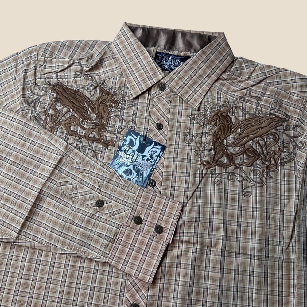 TM Exposure Shirt Mens XL Plaid Brown Dragon Embroidered Button-Down Y2K NEW